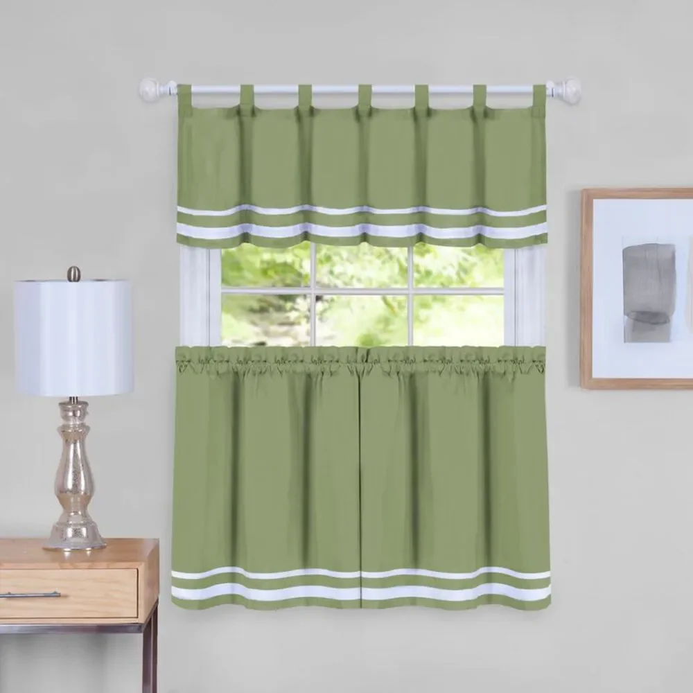 Woven Trends 3-Piece Green Window Kitchen Curtain Cafe Set, Solid Stripes, Tier